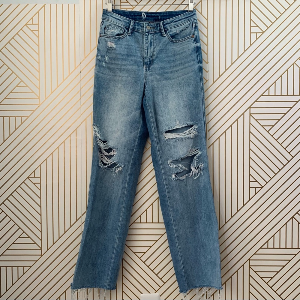 Judy Blue 1 / 25 Distressed High Rise Straight Leg Jeans Blue Raw Hem light wash